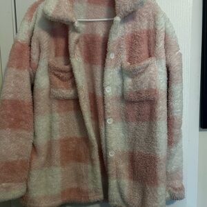Pink and White Plaid Fuzzy Jacket